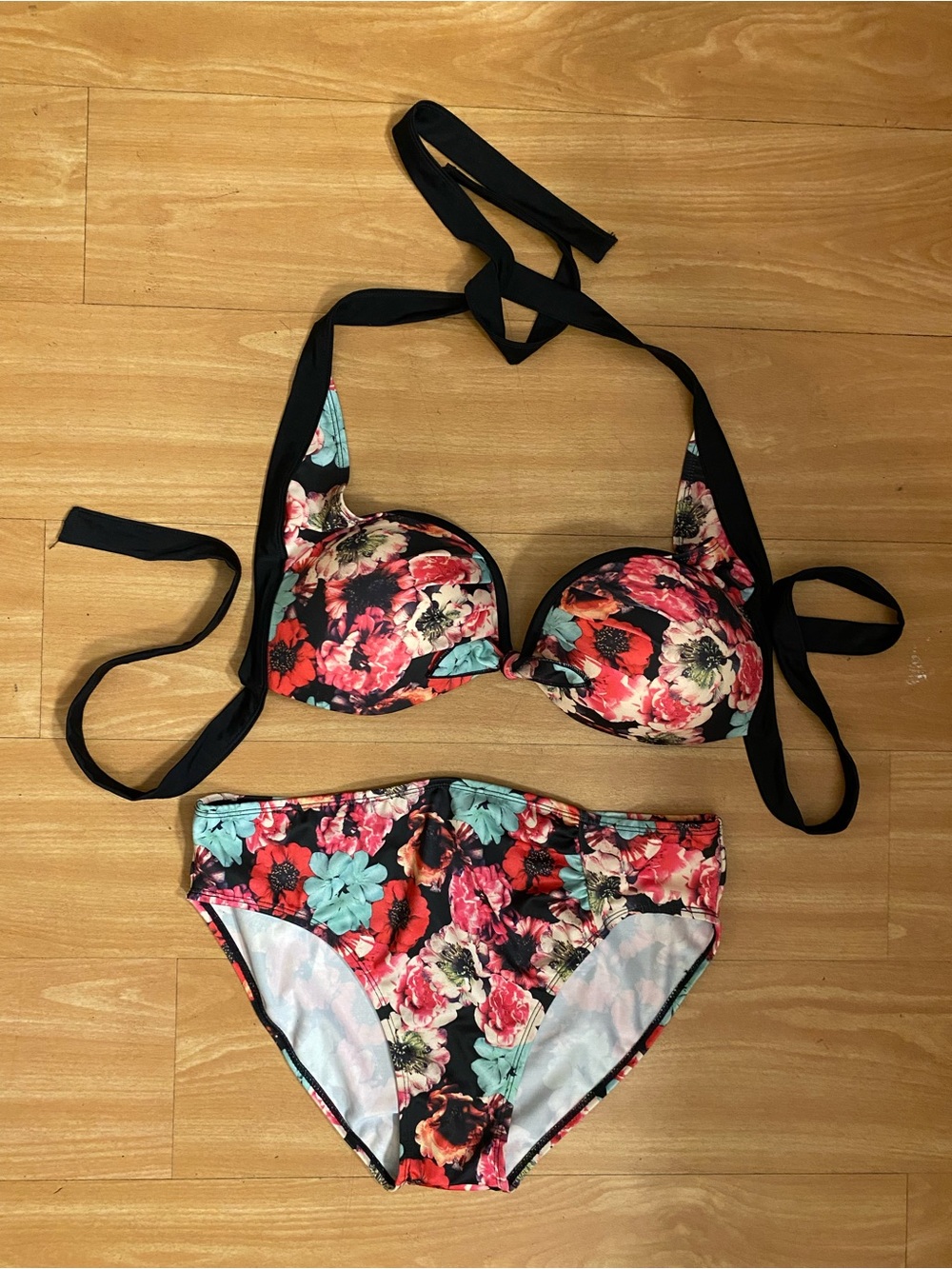 Brakini Floral Print Halter Bikini Set - Black with Pink & Teal Flowers 3XL
